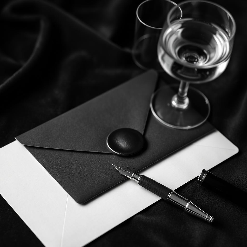 Wax-sealed invitation envelope with fountain pen and champagne coupe