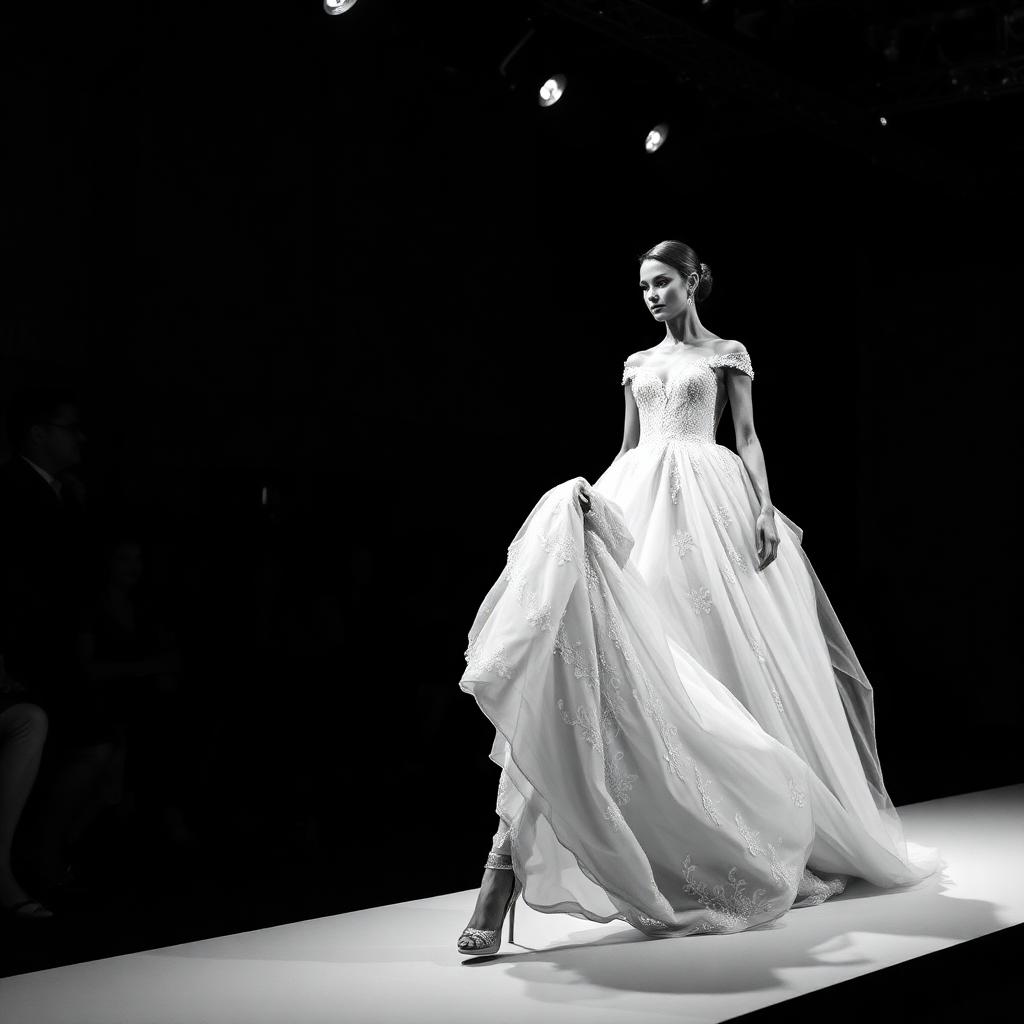 Model in a couture wedding gown on a dark runway
